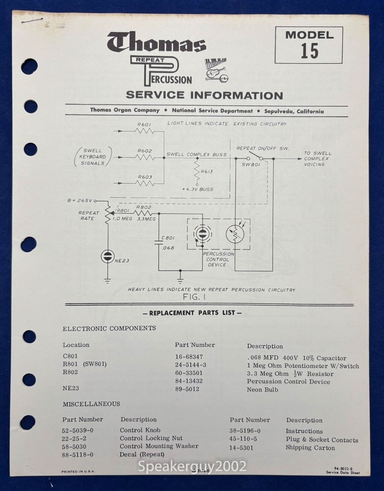 Original Thomas Organ Service Manual / Repeat Percussion 15