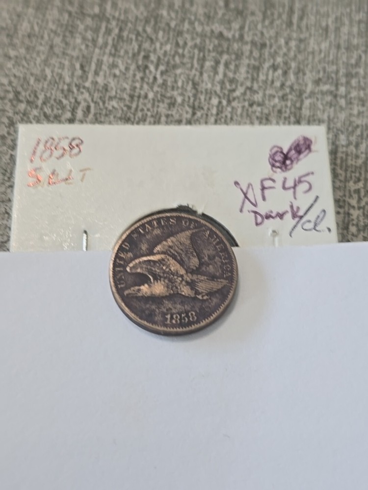 1858 Flying Eagle Penny Cent SL XF Dark Cleaned Fully Split Tail Feathers