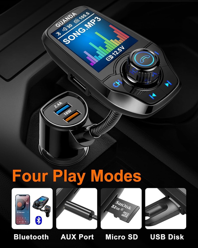 Upgraded Bluetooth FM Transmitter for Car, Fast Charge 18W + 2.4A/5V Black