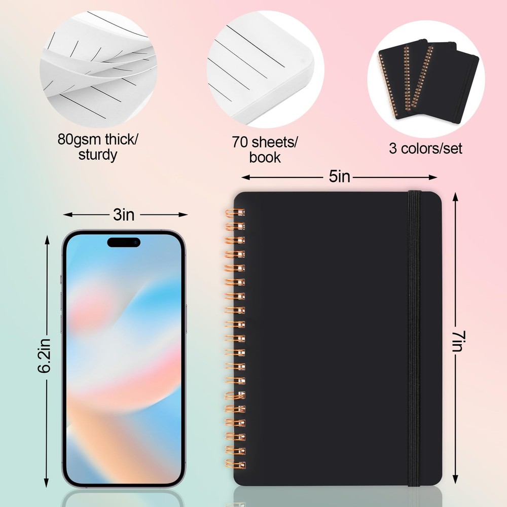 Utron 3 PCS Small Spiral Notebook 5x7, Notebooks for Note Taking, Black