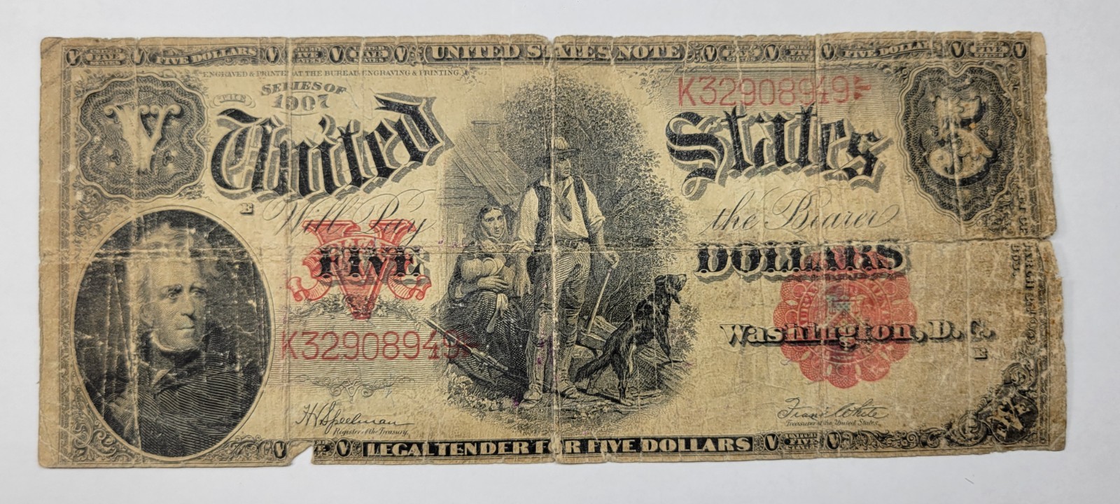 1907 $5 WOODCHOPPER Large Size Circulated Five Dollars Reverse Tape *M865