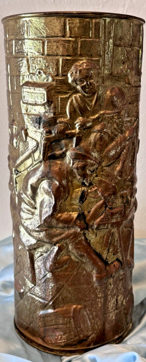 Lombard Umbrella Stand Brass Embossed Relief Colonial Pub Scene England 15" Tall