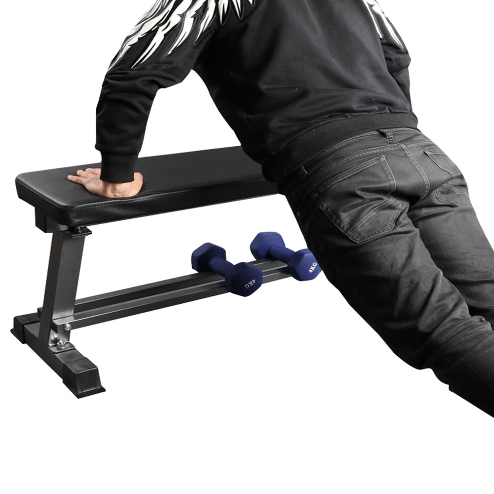 Pro Flat Weight Bench Built-in Dumbbell Rack Workout Bench Strength Training