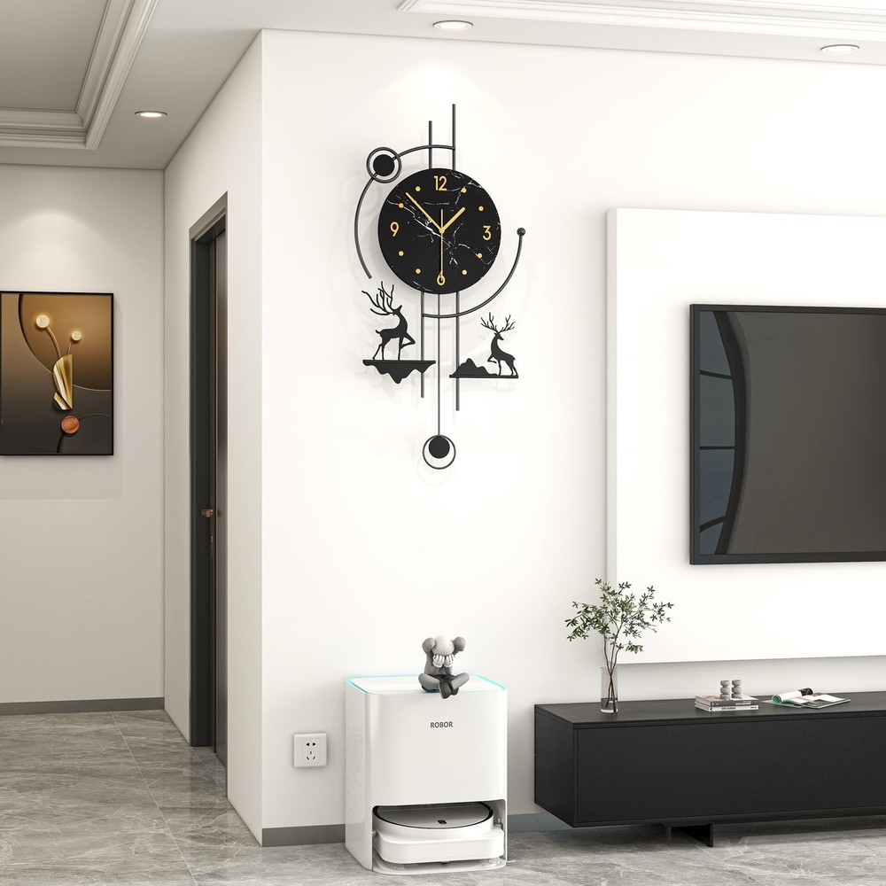 FLEBLE Large Modern Wall Clock with Pendulum –Silent Quartz Battery Operat