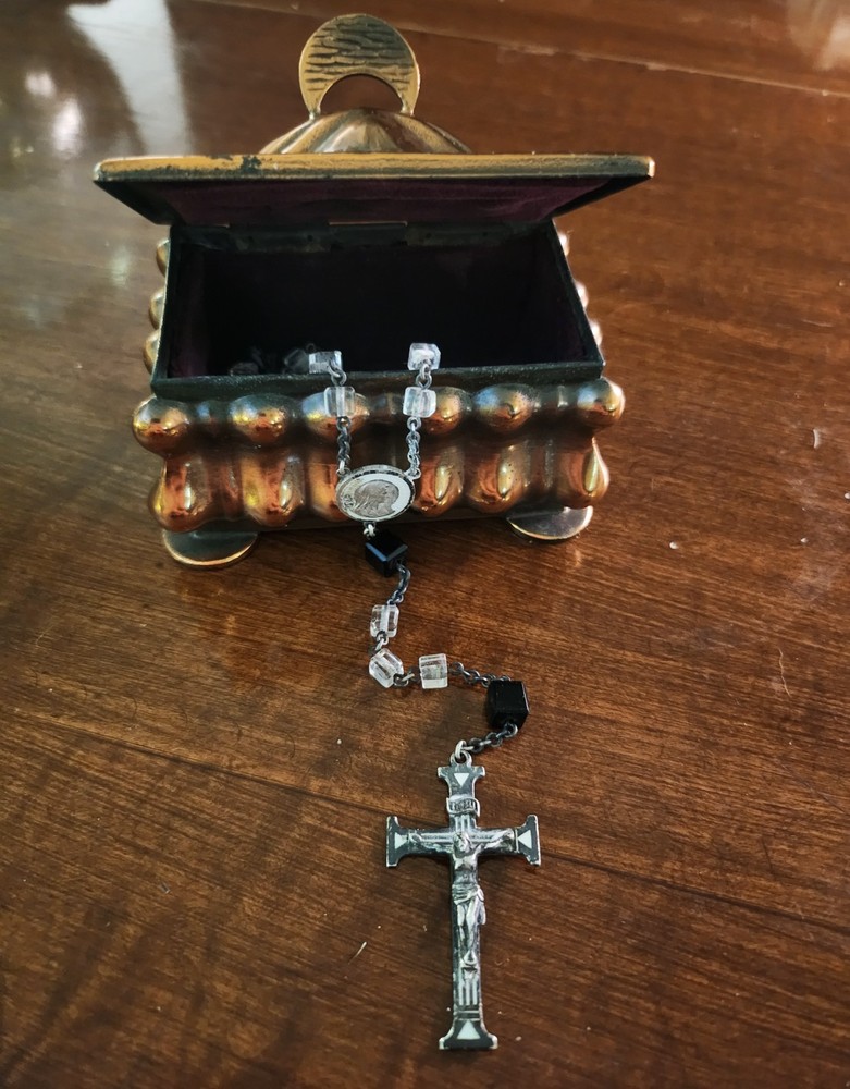 Antique Swift & Fisher Sterling Silver White Enamel Rosary & Vtg Art Nouveau Box