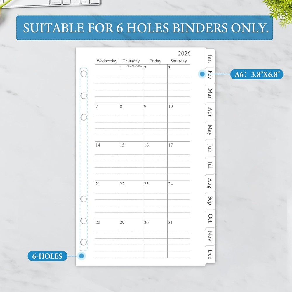 2026 Monthly Planner Refill, A6 Small Size Planner Inserts for 6 Ring,