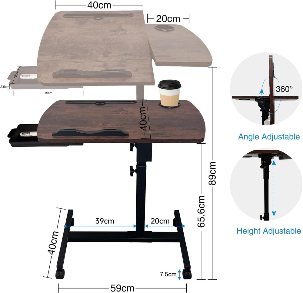 Overbed Table Height Adjustable Bedside Table Hospital Bed Table W/ 2 Tilting