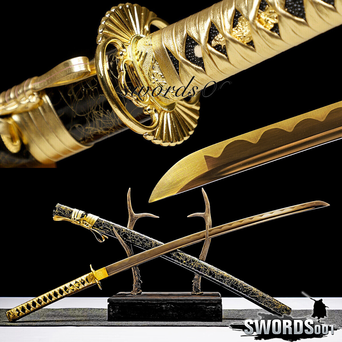Noble Style Gold Japanese Warrior Sword Authentic Samurai Katana Carbon Steel