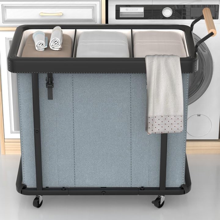 60 Gal 230L Laundry Hamper 3 Section with Lid, Leather Patchwork Laundry Sort...