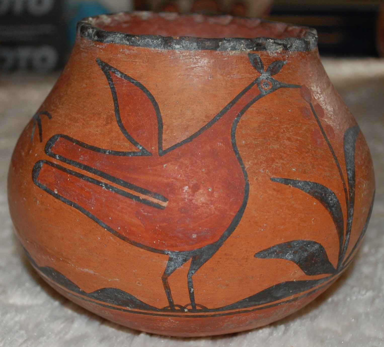 Early 1900-1920 Zia Pottery Jar with Bird and Flower figures- 6" diameter -Solid