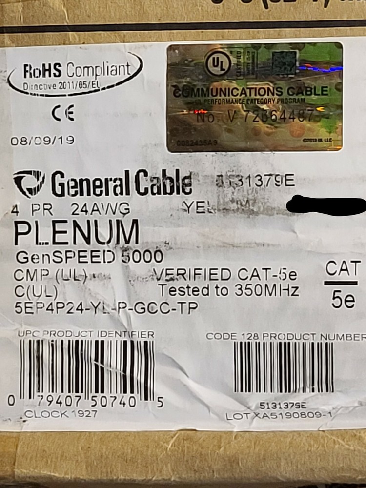 General Cable GenSPEED 5000 24/4P Cat5E UTP Plenum Network Cable Yellow /100ft