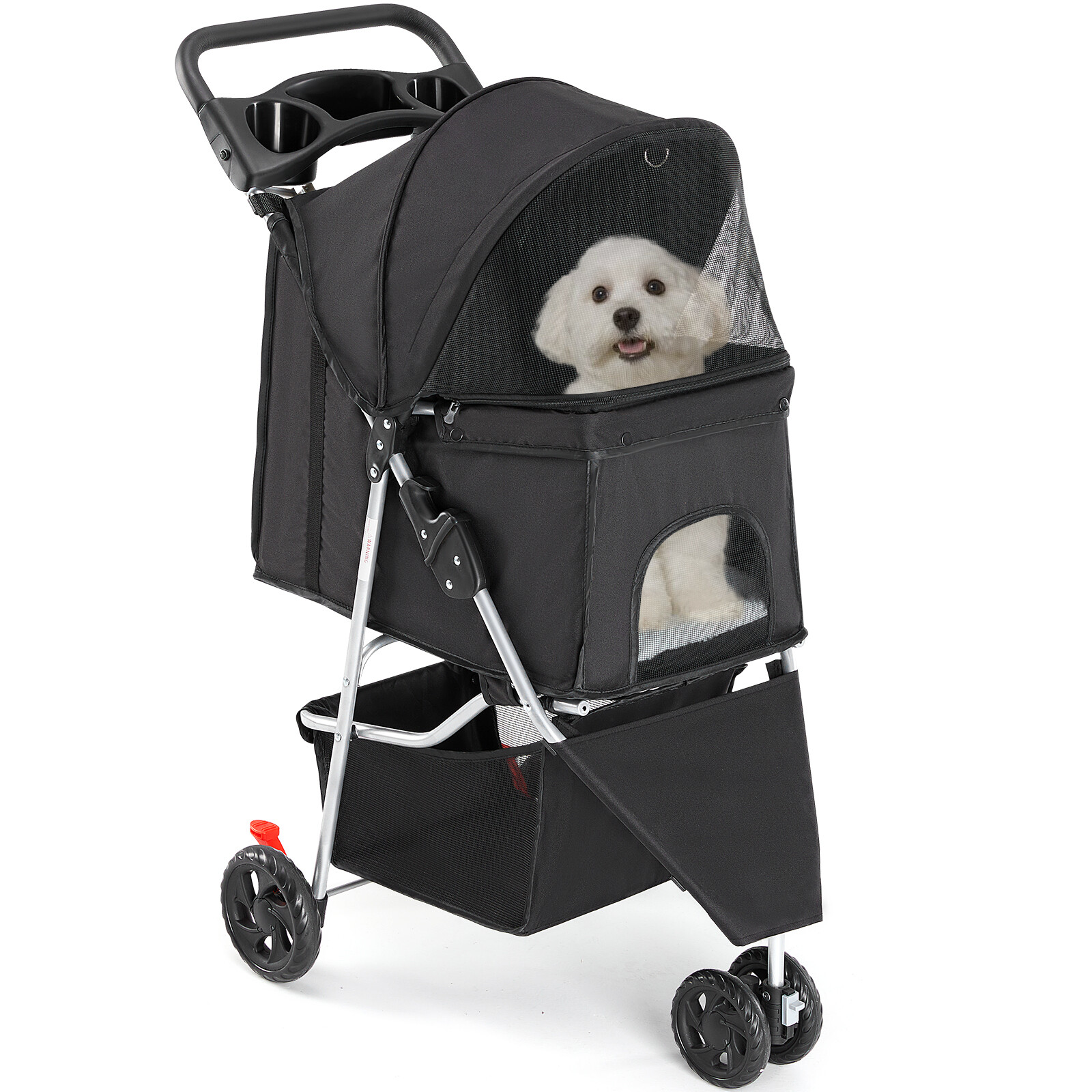 Pet Stroller Storage Basket Cup Holder Foldable Small to Medium Cat Dog 3-Wheel