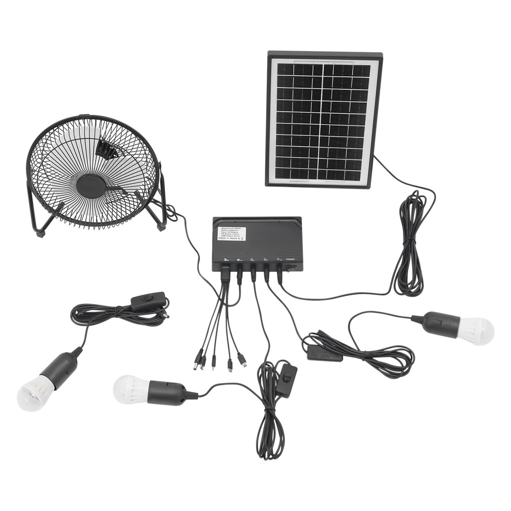 12 Volt Outdoor multi-purpose Solar Panel Kit Lighting System with 3×Bulbs & Fan