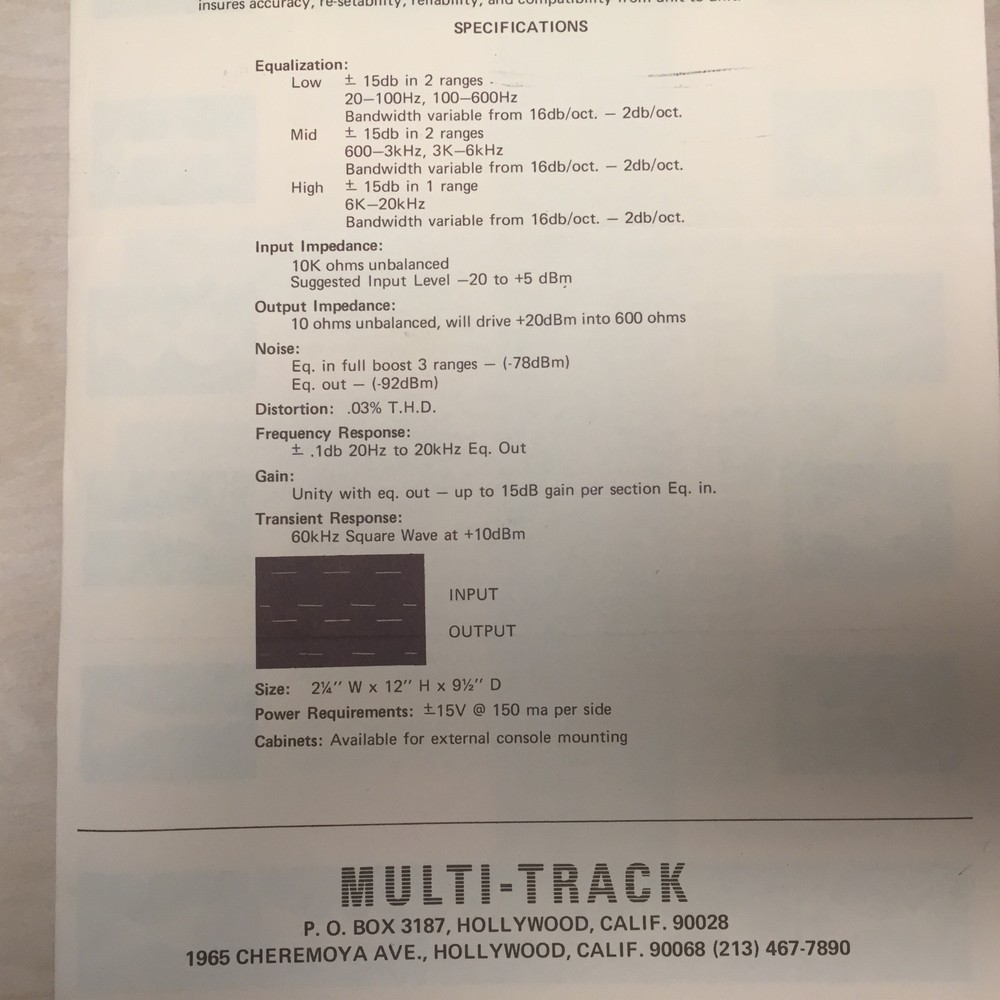 Vtg Multi-Track Brochure Vari-Band Sweep Equalizer Hollywood CA Original