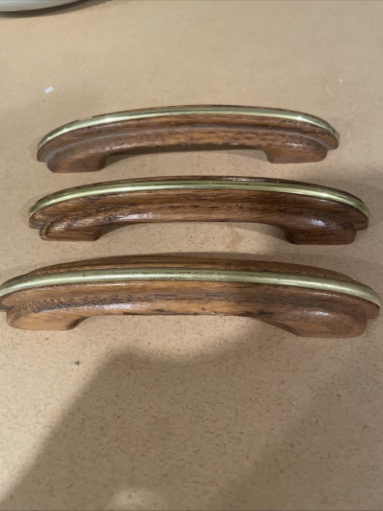 3 RARE 1970-80s Vintage SINGLE Solid Wood Oak with Gold Insert Drawer Pull 6”