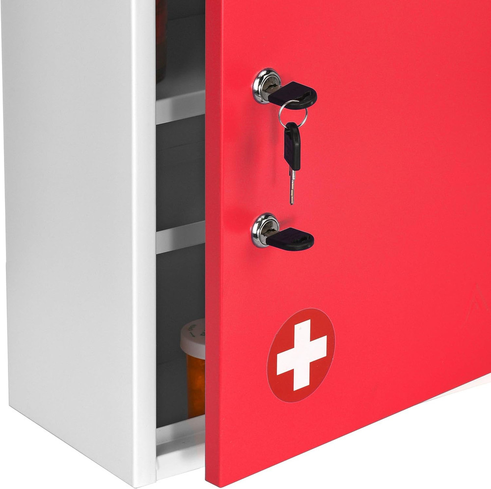 Secure Red Medication Cabinet with Lock & Document Pocket - Wall Mounted 21"x16"