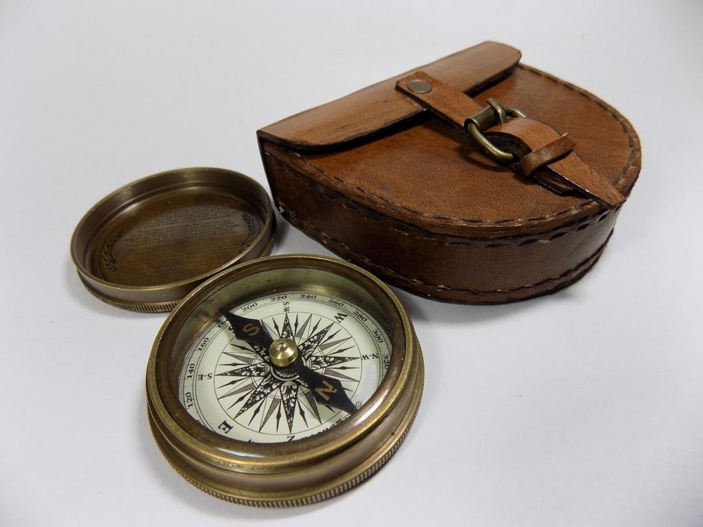 Vintage Brass Pocket Compass with Leather Case Rustic Navigation Gift Decor
