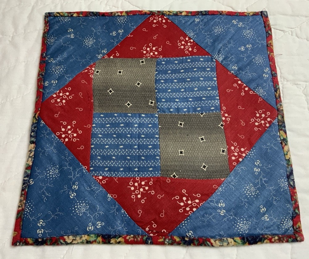 Antique Patchwork Quilt Table Topper, Four Patch W/ Triangles, Early Calicos