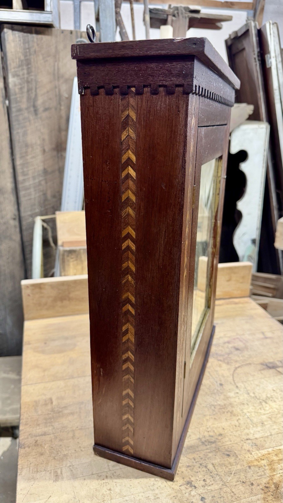 Antique Victorian Medicine Cabinet w/ Inlay Wood Wall Cabinet Original Mirror