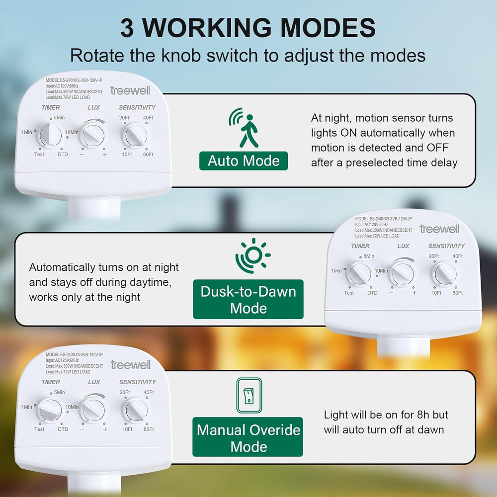 240-Degree Replacement Motion Sensor, Adjustable LUX(5-300) & Time & Detection S