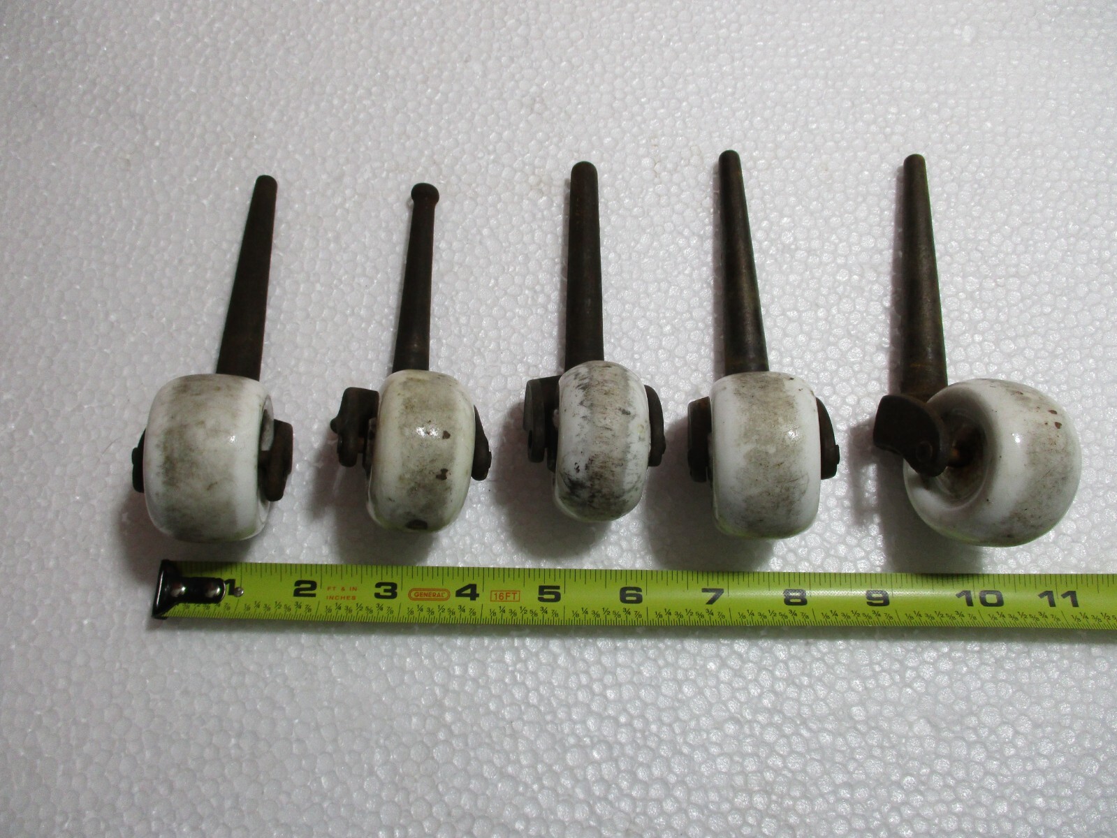 5 LARGE Antique Furniture Porcelain Caster Wheels Steel Pins NON MATCHING!!!