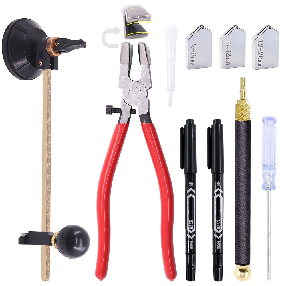Mardatt 9 Pcs Glass Cutting Tool Set Kit Includes Adjustable Circular Glass...