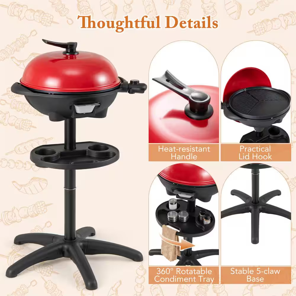 1350-Watt Electric Grill in Red with Non-Stick 4 Temperature Setting Outdoor Gar