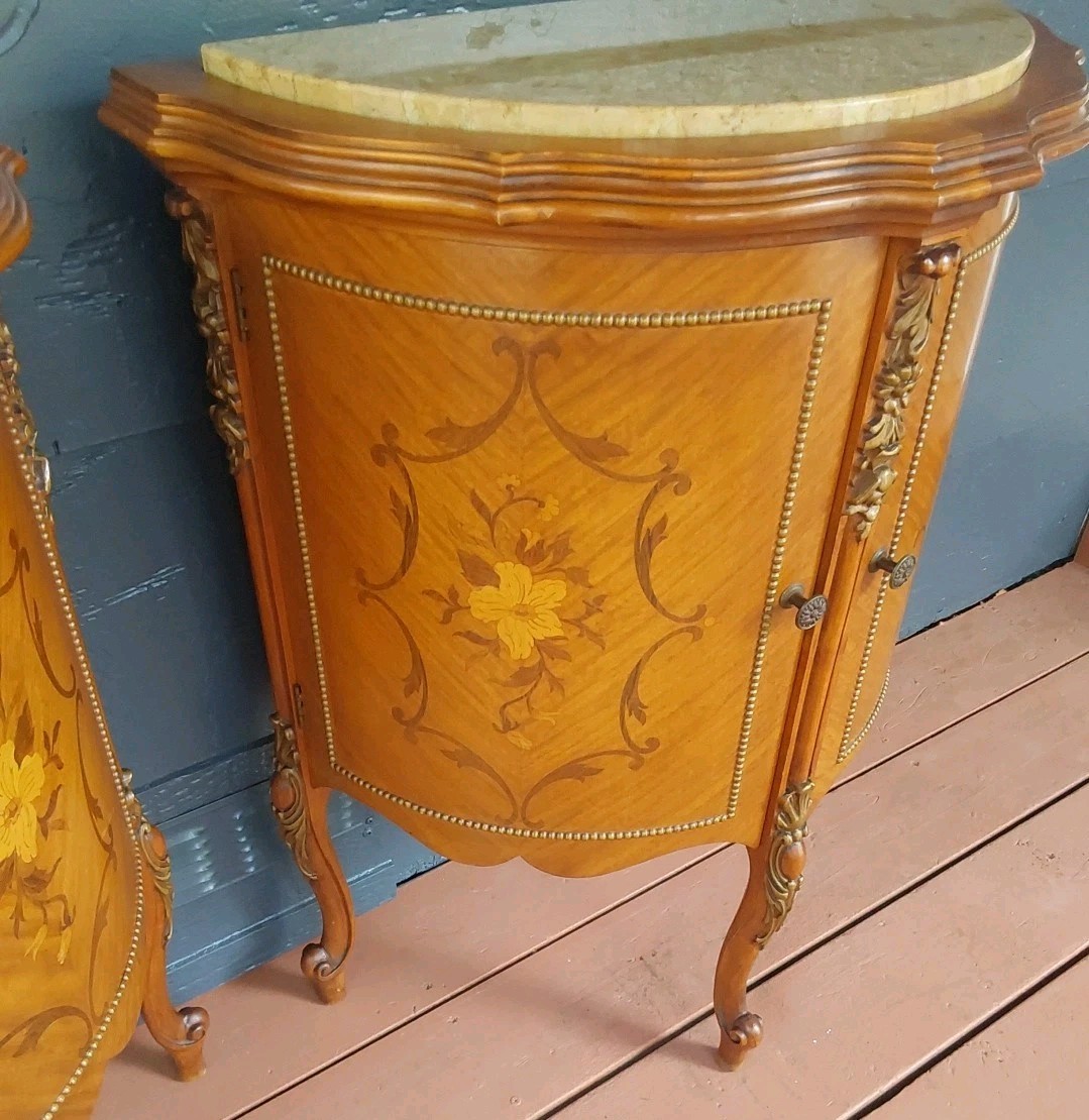 Vintage French Demilune Inlayed Wood End Tables w/Marble Tops 30 Tall X 23" Wide
