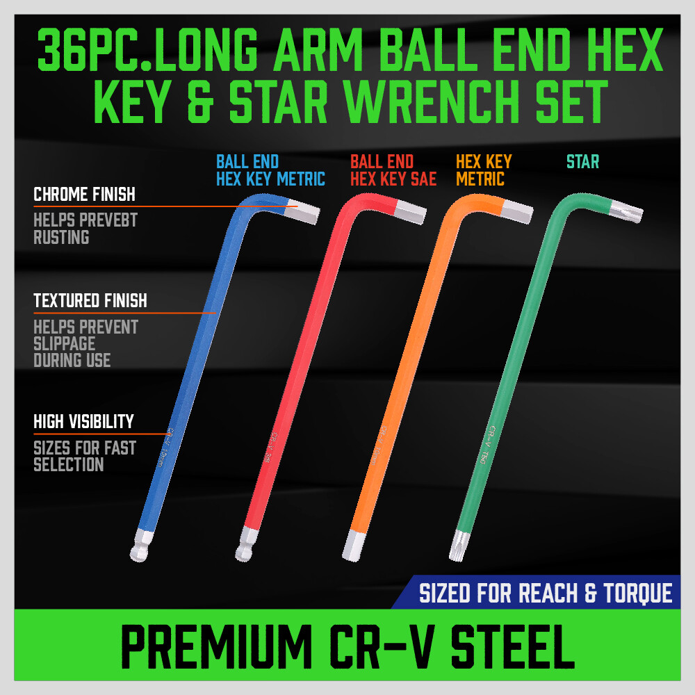 37pc Ball End Hex Key Allen Wrench Set Star Long Arm SAE Metric Industrial Grade