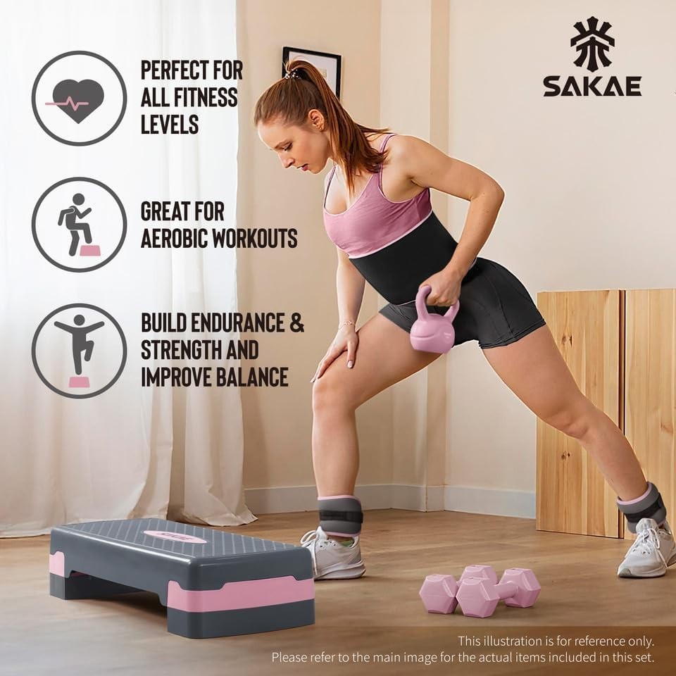 Adjustable Height Aerobic Stepper Set, Multiple Bundle Options with Dumbbells...