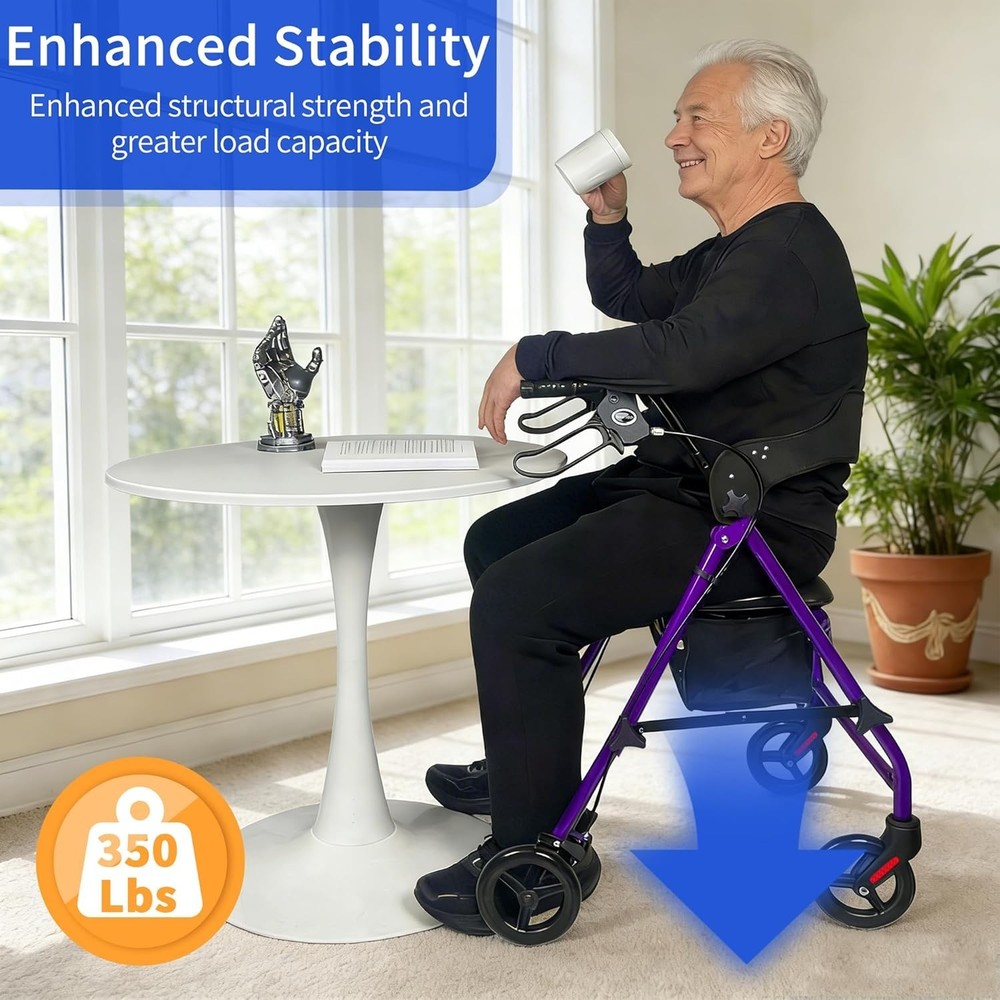 Purple Rollator Walker for Seniors - Foldable, Adjustable Height, All-Terrain