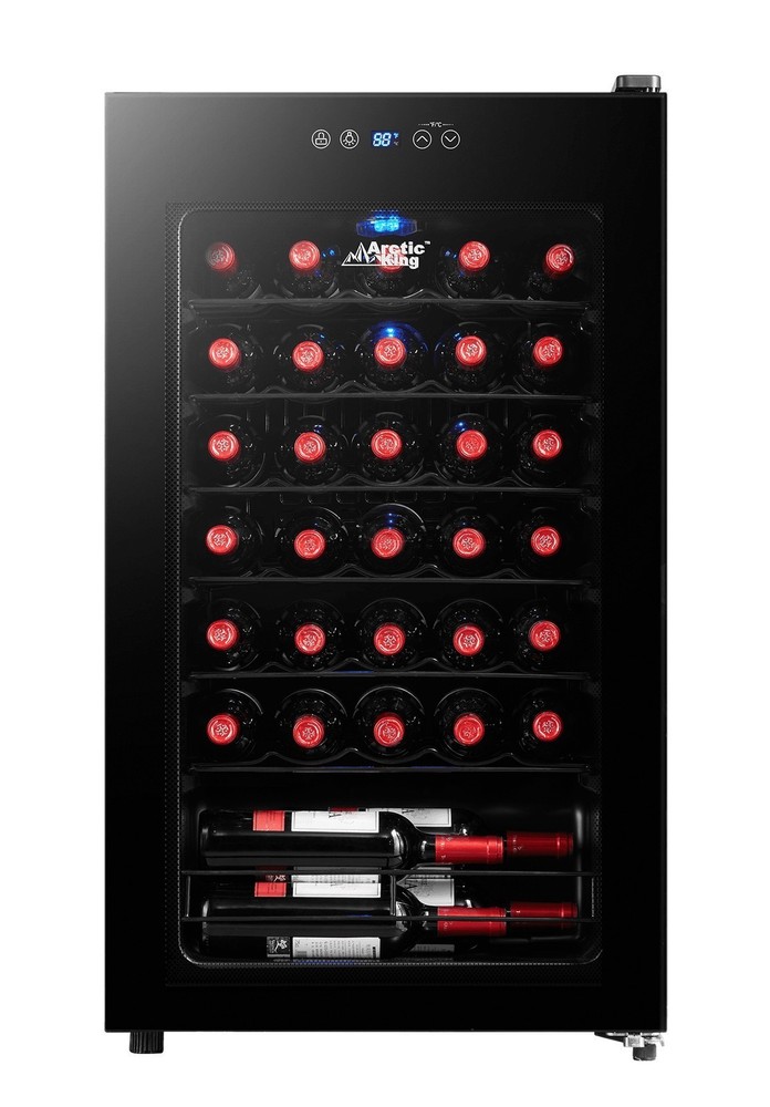34-Bottle Wine Cooler Glass Door LED Lighting Adjustable Temp Compact