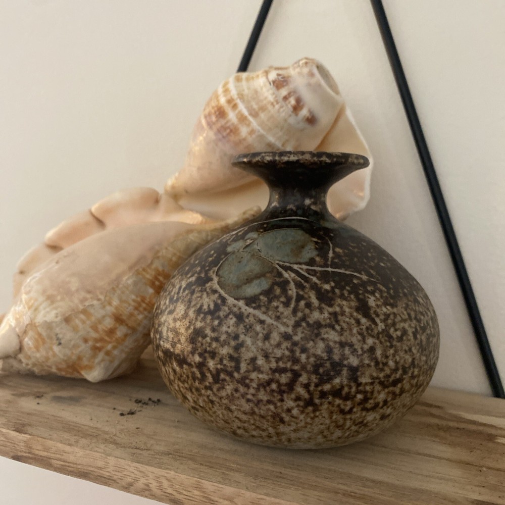 Artisan Studio Pottery Unique Brown Bulb Vase, Glazed Inside,Leaf Design, Signed