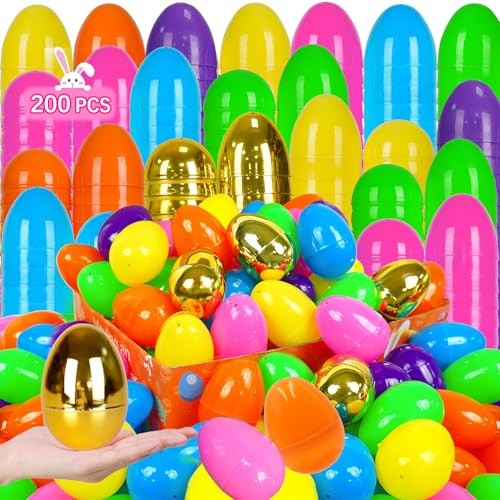 Large Fillable Plastic Easter Eggs with 6 Golden Eggs, Empty Bright 200 PCS 3"