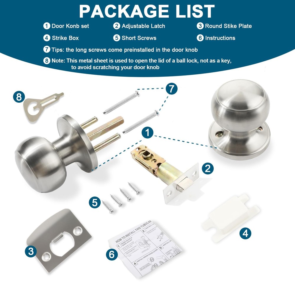 Passage Door Knobs, 6 Pack Satin Nickel Door Knobs, for Hallway & Closet Non-Loc