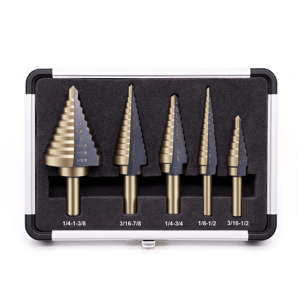 OSTTE Step Drill Bit Set 5PCS, 50 Sizes HSS Titanium Coated 5PC Set, Black