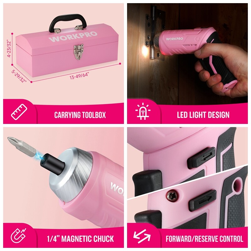 WORKPRO 75PCS Pink Tools Set Rotatable Cordless Screwdriver&Household Tool Kit