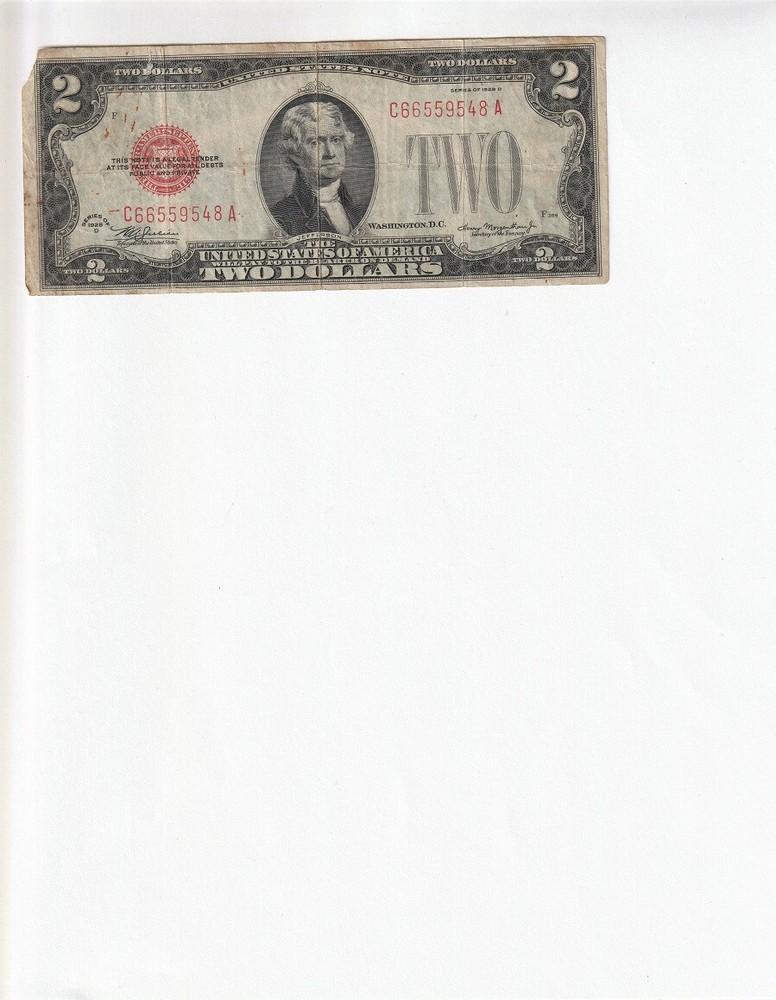 1928-D $2 Dollar Note - Red Seal Banknote Currency