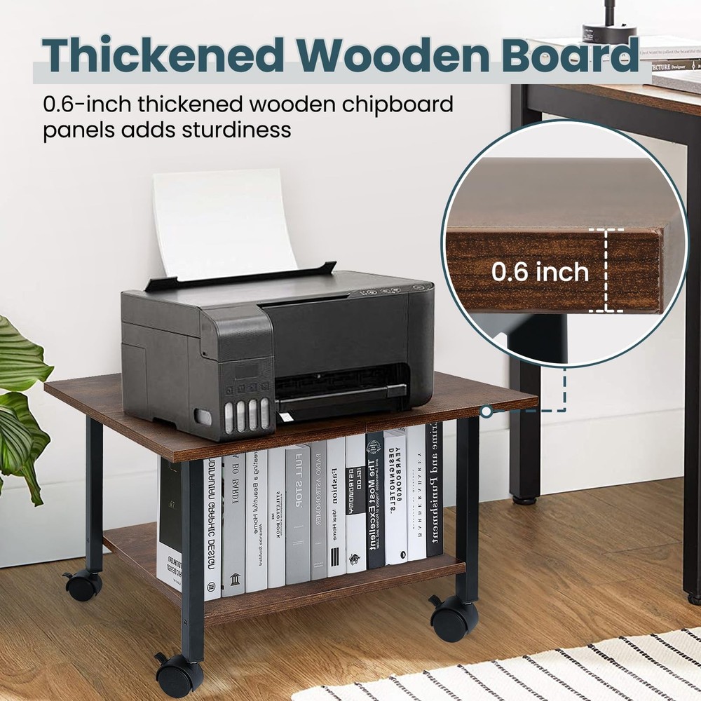 SwaaVee Printer Stand with Storage Under Desk Shelf, Desktop Rustic Brown