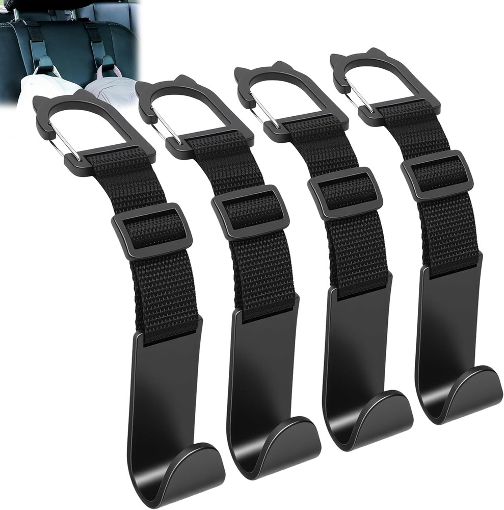 Car Headrest Hooks 4 Pack Adjustable Universal Fit Auto Seat Back Organizer Stor