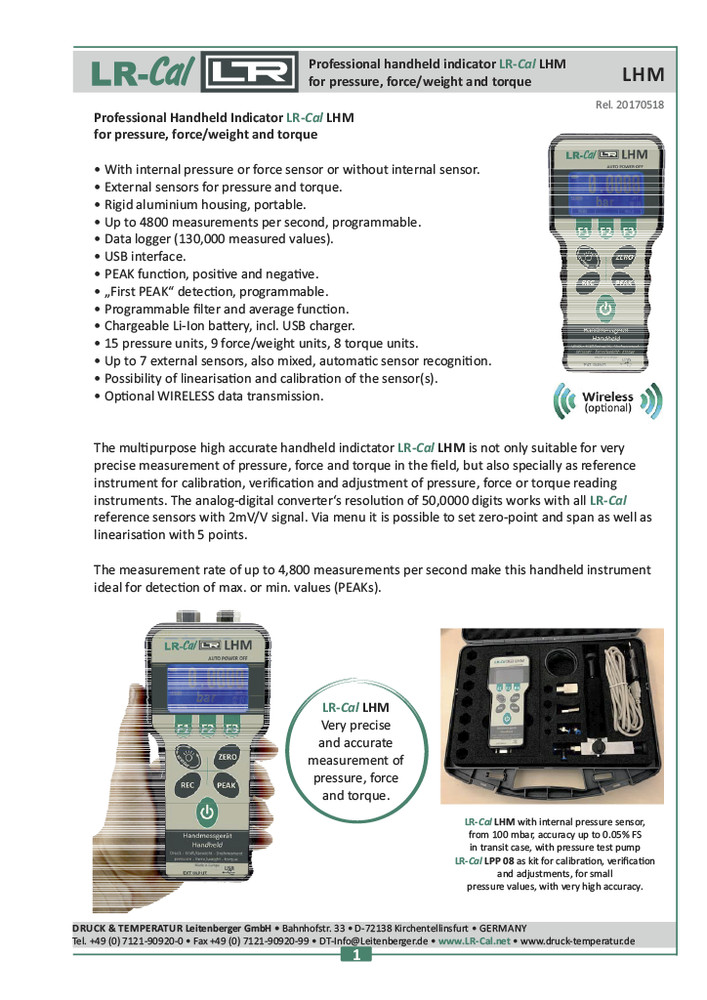LR-Cal LHM N Pressure Torque & Force Meter with Internal Force Sensor 0-5000 N