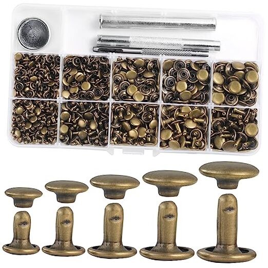 340 Sets Leather Rivets Kit Mixed Sizes Rivets for Leather Double Cap Bronze