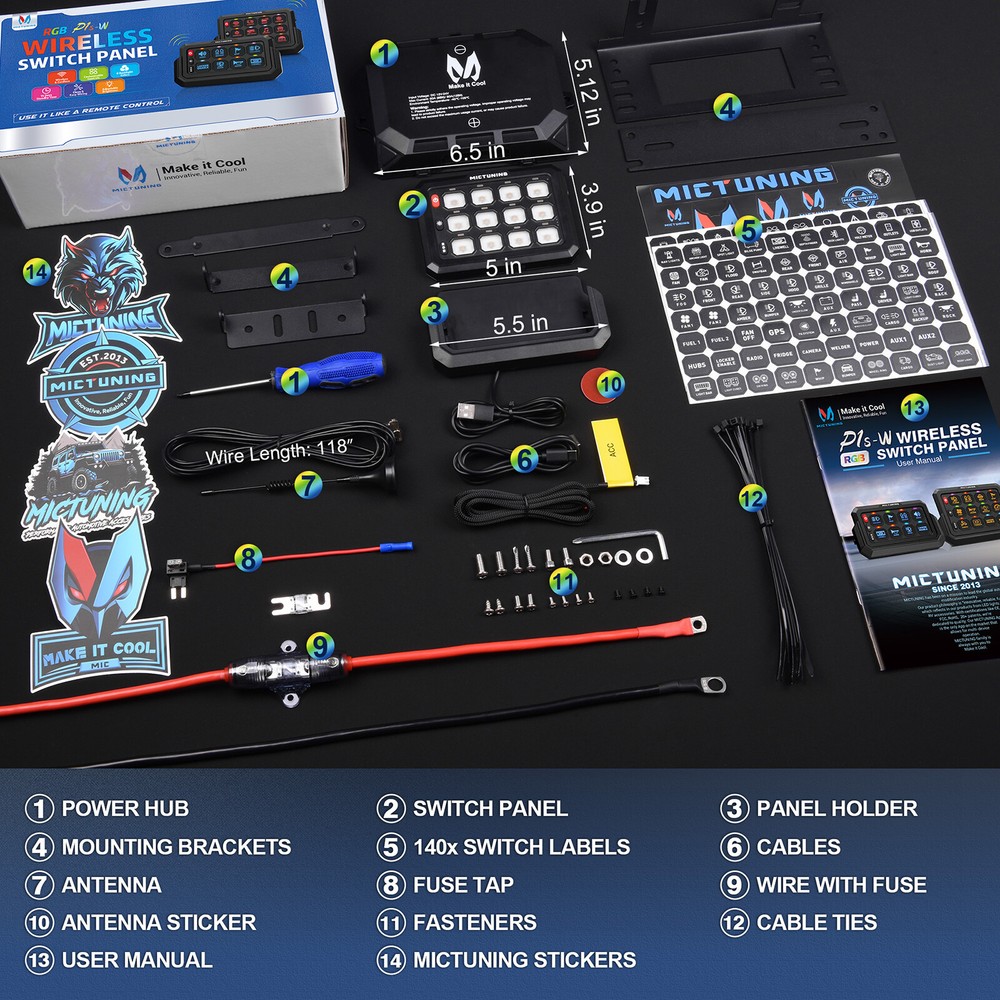 MICTUNING Wireless P1s 12 Gang Switch Panel LED Circuit Control Relay System Box