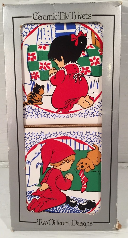 2 JASCO Ceramic Tile Trivets Boy & Girl Praying