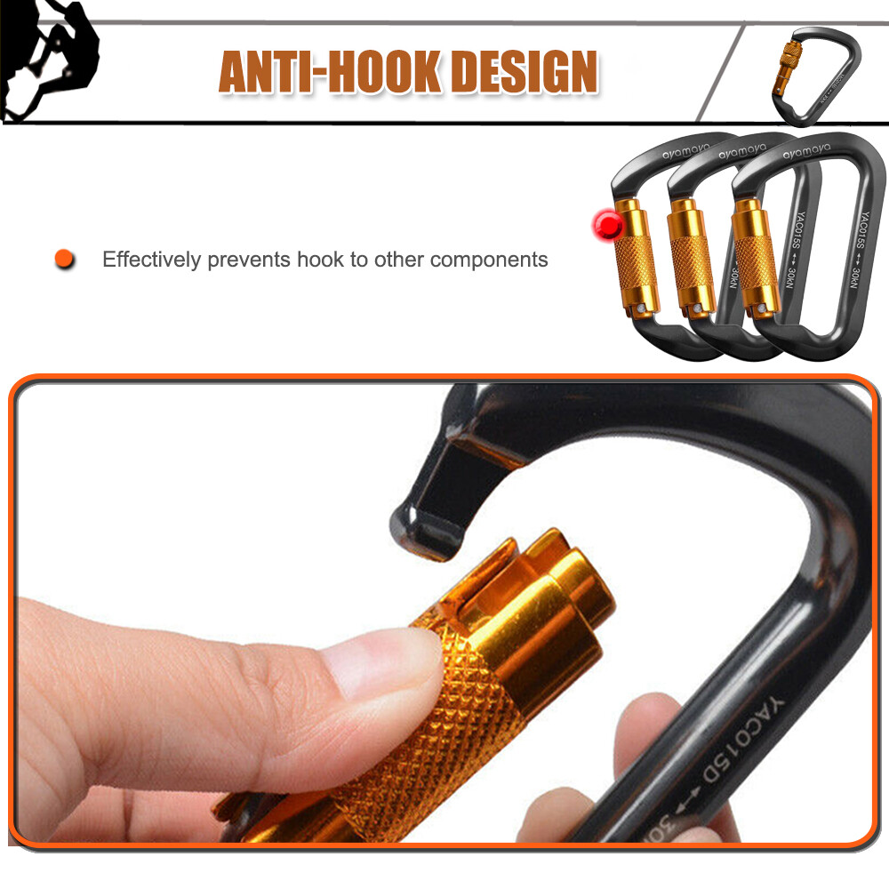 30KN Heavy Duty Auto Locking Climbing Carabiner Aluminum D Ring Clips Twist Lock