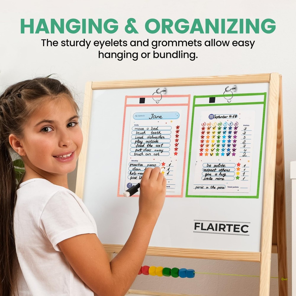 Dry Erase Pockets Reusable Sleeves Includes 1 Binder Ring & 1 Hook for Classroom