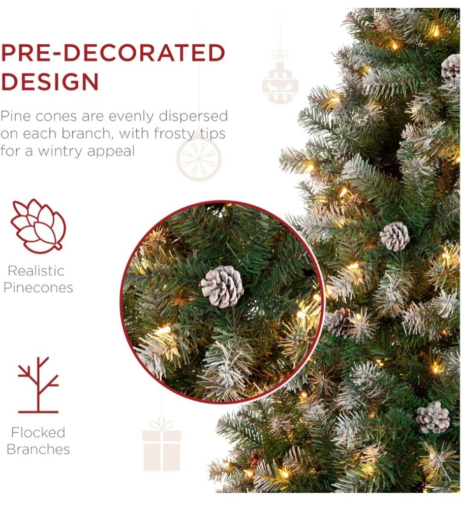 9ft Pre-lit Pre-Decorated Flocked Tips 108 Pinecones Artificial Christmas Tree