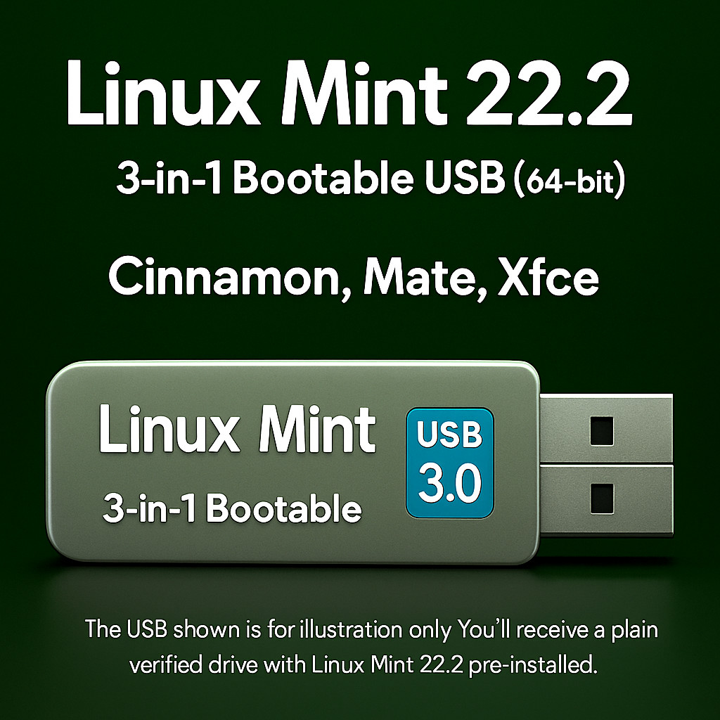 Linux Mint 22.2 3-in-1 Bootable USB (Cinnamon + MATE + Xfce) 64-bit Linux OS USB