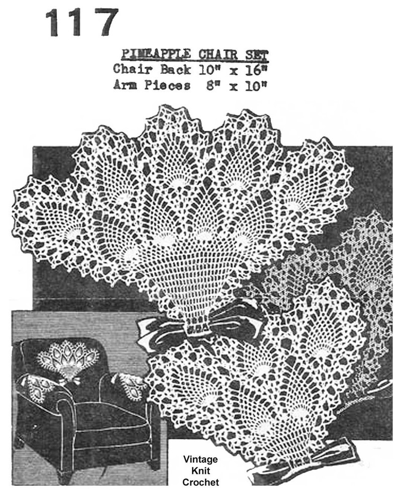 Vtg Crochet Pineapple Basket Chair Doily Pattern, Mail Order No 117 MM