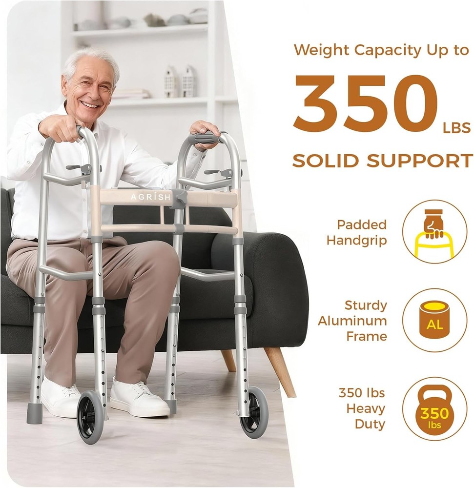 Lightweight Folding Walker Narrow Frame Adjustable Height Width 350lb